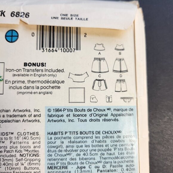 Butterick 6825 Cabbage Patch Kids Doll Clothes Pattern Western Wear - Picture 4 of 9